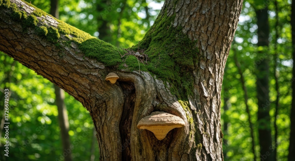 Obraz premium A gnarled tree trunk, moss-covered and fungus-laden, in a sunlit forest