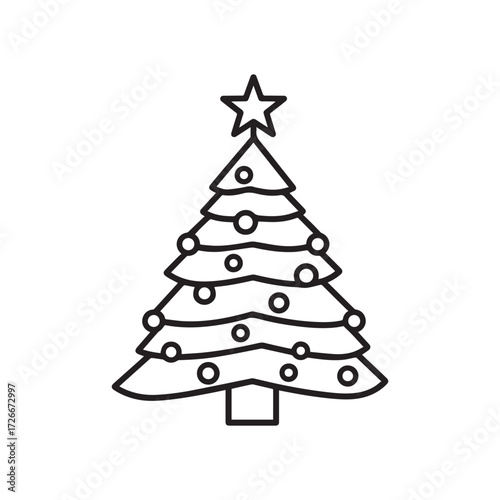A black and white line drawing of a Christmas tree with a symmetrical layout.