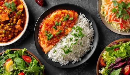 Diverse Asian dishes on dark background