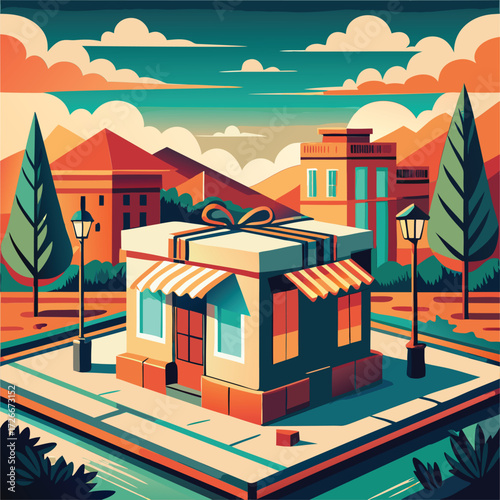 A stylized illustration of a gift wrapped shop building in a quaint town