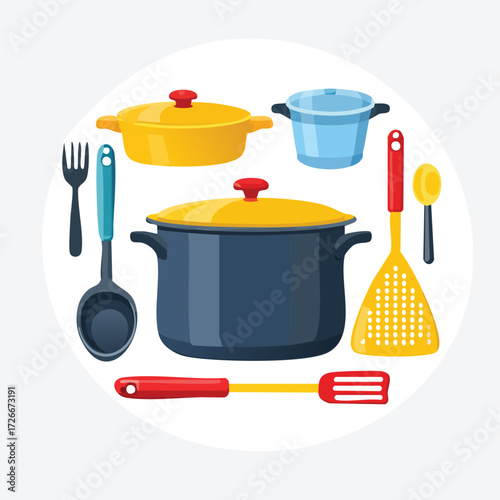 Colorful kitchen cookware and utensil set isolated on a white background. Vector illustration of pots, pans, spatula, and ladle for home cooking concepts