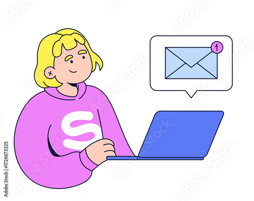 Woman with laptop received new email