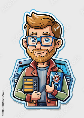 Man with beard and glasses holding electronic devices