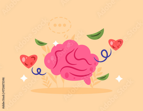 A concept of mental health and psychology. Psychological and emotional well-being. Illustration of a brain with heart and leaf symbols. Decoration and ornamentation. Flat style design. Orange