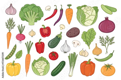 Collection of vegetables and herbs including carrots, broccoli, and onions