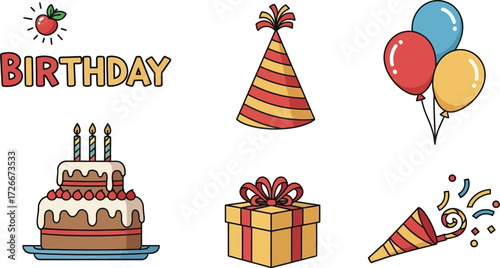 Birthday party elements, including cake, balloons, gift box, party hat, and confetti popper for celebration