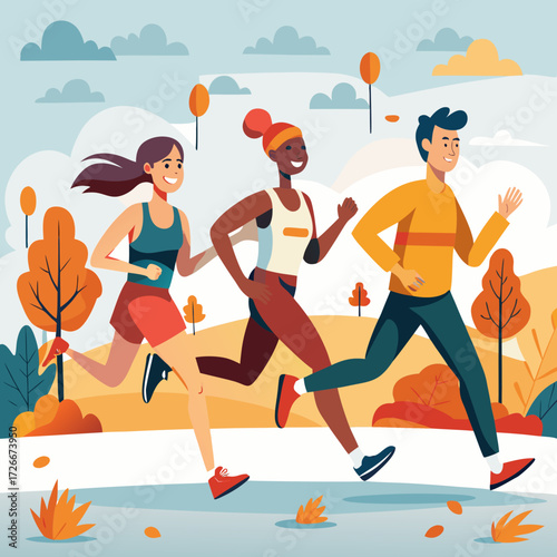 Happy Runners Marathon in Autumn – Flat Vector Illustration of Diverse Athletes Racing