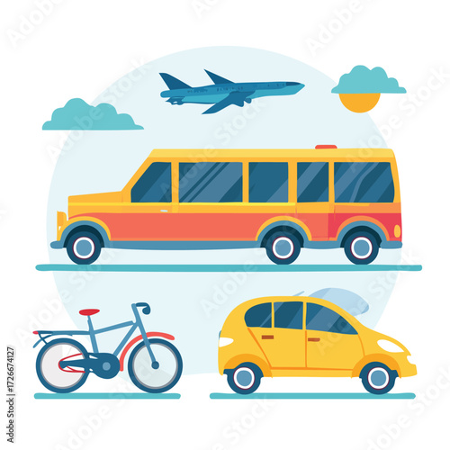 A colorful flat design vector illustration set featuring various modes of transportation for travel and commuting, including a bus, car, bicycle, and airplane