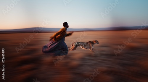 Dynamic motion shot of a woman in a dress running fast with a cheetah on a barren landscape during sunset.