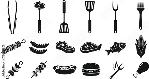 Barbecue and grilling tools and food, including tongs, spatula, fork, skewers, sausage, steak, fish, corn, and chicken