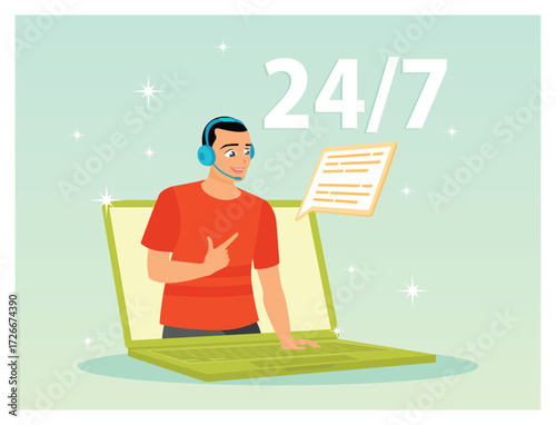 24/7 Online Support Agent With Headset Demonstrates Customer Service From Laptop.