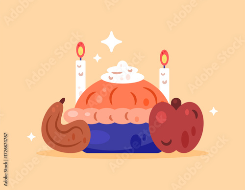 Thanksgiving celebration meal concept. Illustration of a pie with pumpkin, apple, and candles. Food and drink presentation. decoration and ornaments. Flat design style. Orange background.