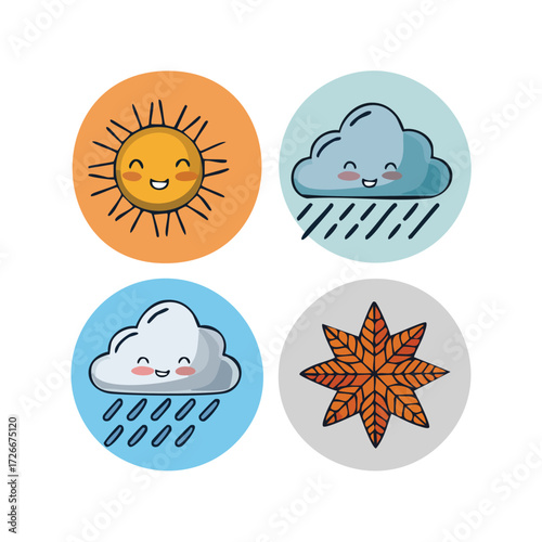 Kawaii weather and season icons collection with cartoon sun, clouds, rain, and autumn foliage for graphic design