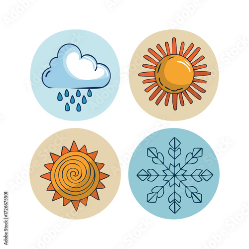 Collection of colorful illustrated weather symbols for different seasons like sun, cloud, rain, and snowflake