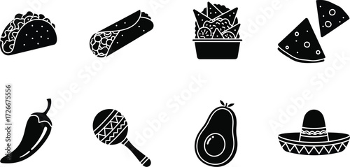 Collection of food icons, including taco, burrito, nachos, pizza, chili pepper, maraca, avocado, and sombrero