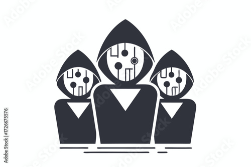 Three hooded figures work with binary code and global network on laptops