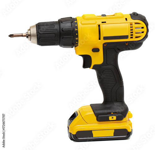 Foto Yellow cordless drill screwdriver on transparent background