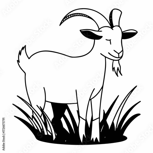 Cartoon goat standing in grass with a relaxed expression  