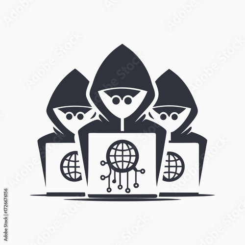 Three hooded hackers working diligently on laptops to compromise global network security