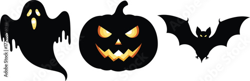 Spooky halloween silhouettes featuring a ghost, a jackolantern, and a bat for a festive and eerie design