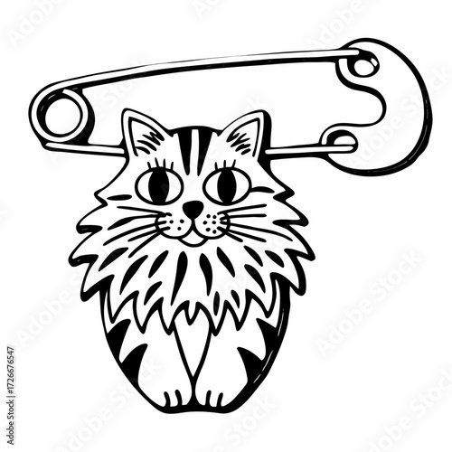 Cat brooch with safety pin in black line art style  
