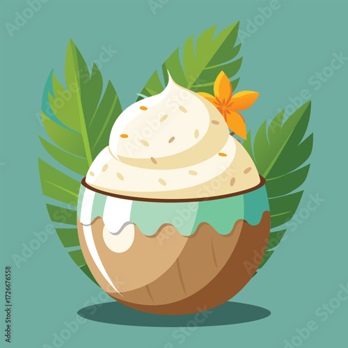 A stylized coconut bowl filled with creamy dessert topped with whipped cream and sprinkles
