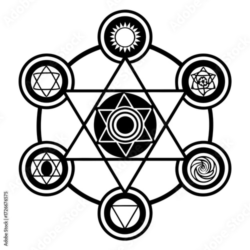 Chakra grid with geometric symbols in black and white design  