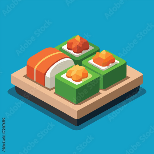Four colorful sushi rolls displayed on a wooden plate