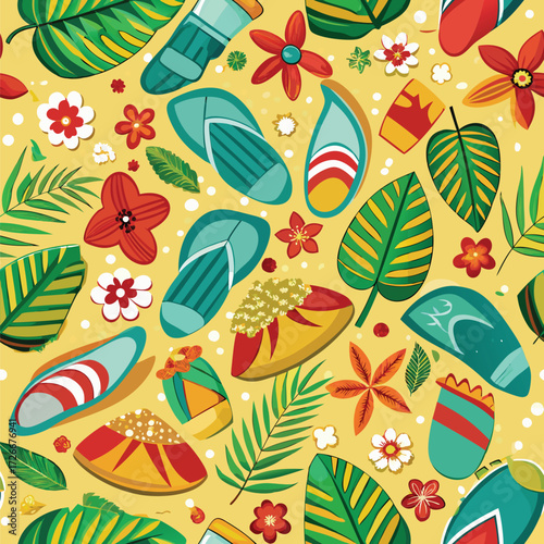 Beach scene with colorful flip flops. flowers. and leaves