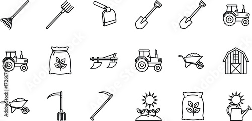 Collection of farming tools and equipment icons perfect for illustrating agriculture, gardening, or rural themes in a clean and simple style