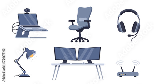 Set of modern workspace elements and computer devices laptop, chair, monitor, headset, lamp, and router. Vector illustration design for office or home setup. The ultimate workstation