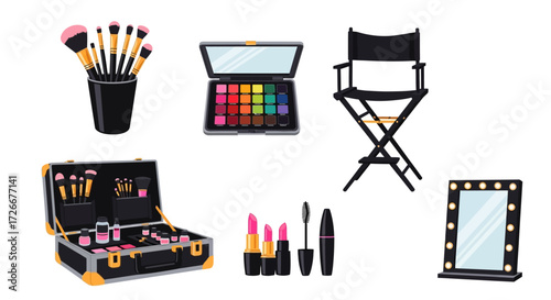 Makeup artist essentials collection Vector illustration of brushes, palettes, lipsticks, mascara, and a mirror with a director's chair, showcasing the tools of the trade