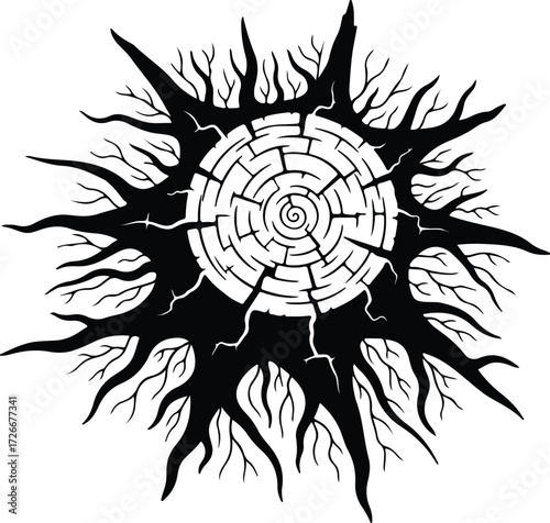 Vector Abstract tree stump with maze center black silhouette Illustrator