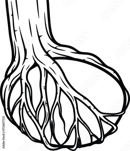 Vector Black and white tree with roots trunk silhouette Illustrator