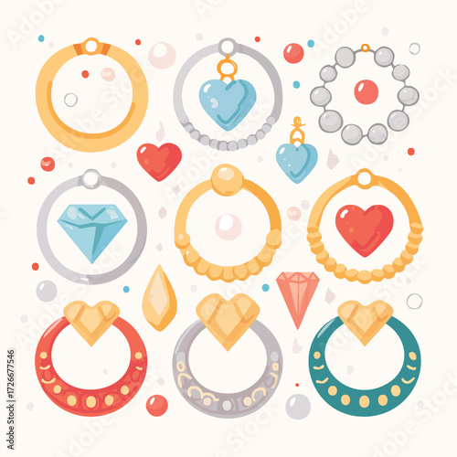 Vector illustration set of various precious jewelry items like diamond rings and heart charms, a charming concept of luxury and affection