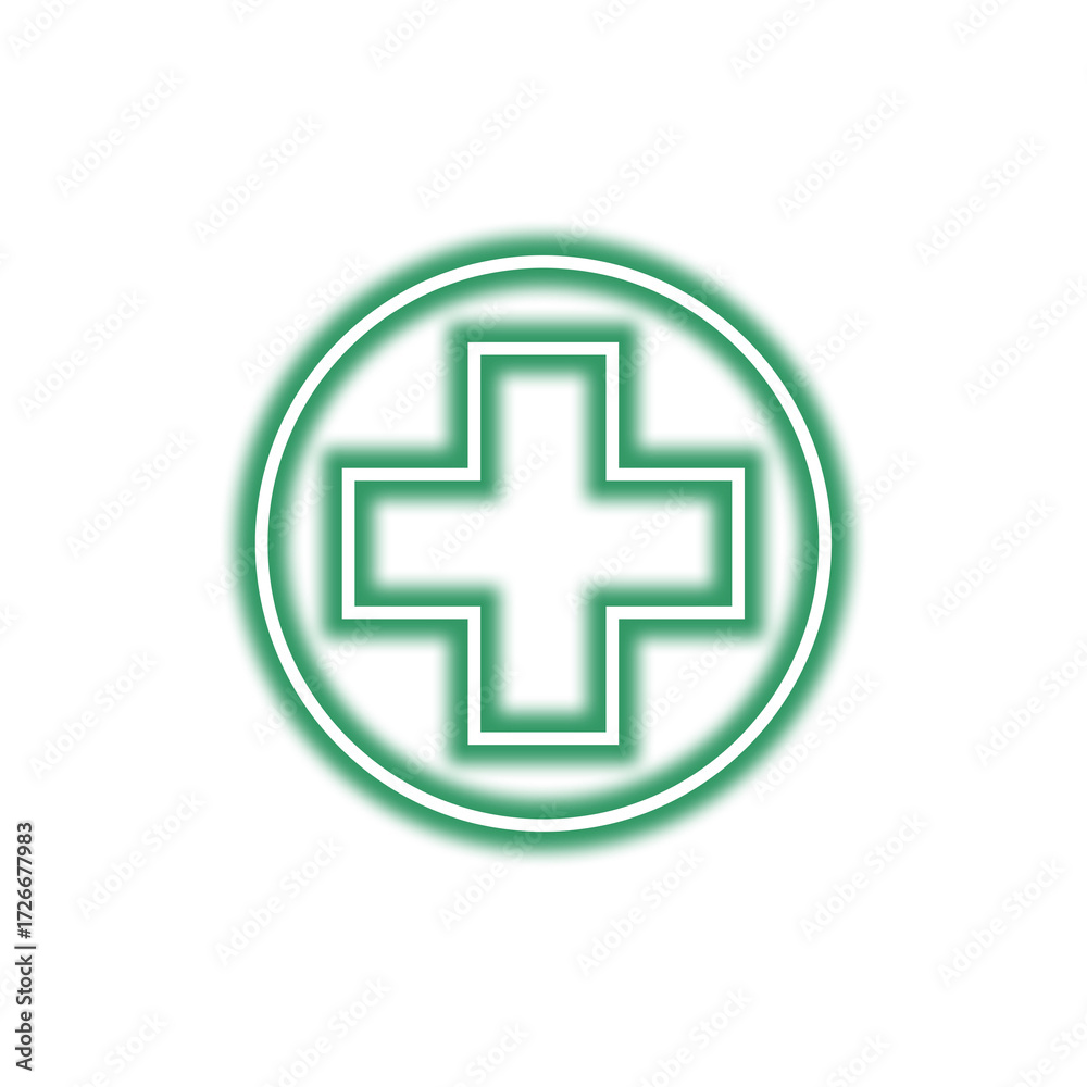Fototapeta premium A green neon medical cross symbol inside a circle, glowing on a white background.