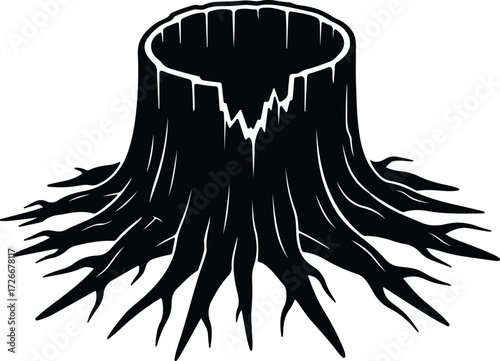 Vector Detailed tree stump with exposed roots silhouette Illustrator