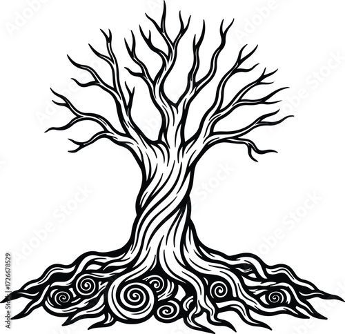 Vector mystical yggdrasil tree of life roots silhouette Illustrator