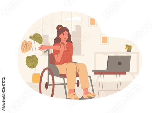 Vector illustration of woman in wheelchair doing stretching exercises at home, following an online class on a laptop. A concept of a healthy lifestyle, home workout, rehabilitation, and accessibility