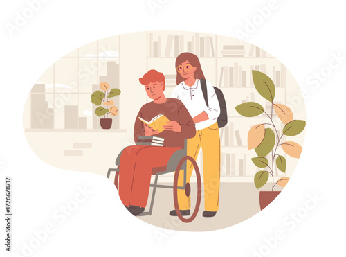 Vector illustration of a young man in a wheelchair and a woman read a book together in a library or bookstore. A concept of education, love, support, and accessibility for people with disabilities