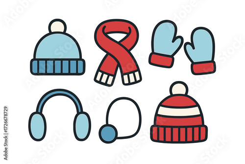 Warm winter apparel and accessories including knitted hats, cozy scarf, protective mittens, and soft earmuffs