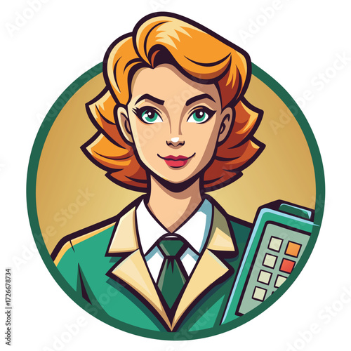 A woman with reddish orange hair. wearing a green blazer and tie. holding a device. is depicted.