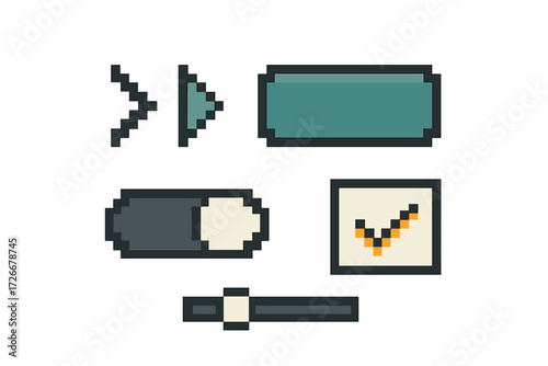 Collection of pixel art user interface elements including buttons, toggle switch, checkbox, and slider for retro game design