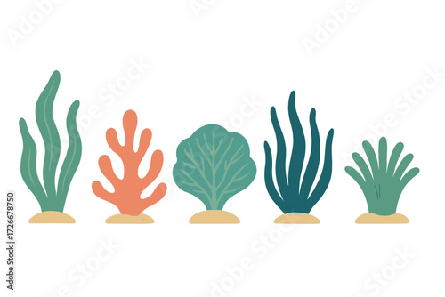 Vibrant collection of stylized underwater plants and colorful coral elements on a sandy seabed, ideal for marine life and ocean-themed designs