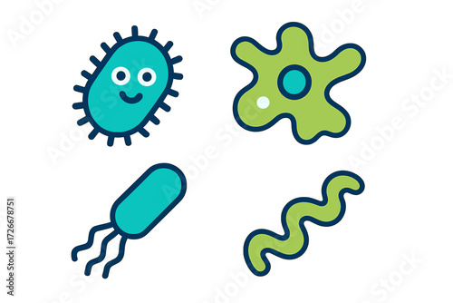 Diverse microorganisms such as bacteria, amoeba, and other microbes in a simple, modern scientific style