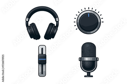 Professional audio equipment set featuring headphones, microphone, volume knob, and sound mixer slider for music production and broadcasting