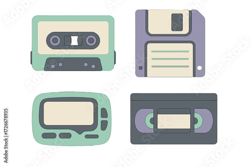Retro electronic devices and vintage media from the 1990s: audio cassette, floppy disk, pager, VHS tape