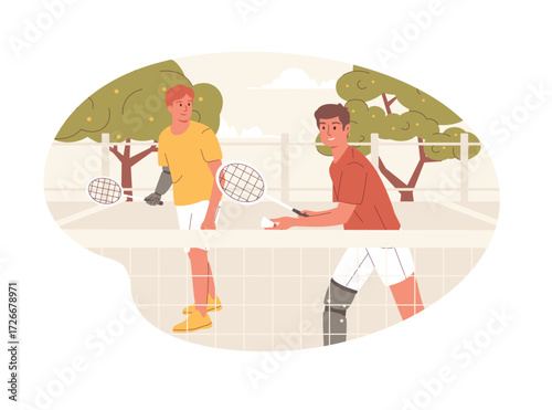Vector illustration of two young men with prosthetic arms and legs play tennis. An inspiring concept of an active sport lifestyle, friendship, and rehabilitation for amputees, people with disabilities