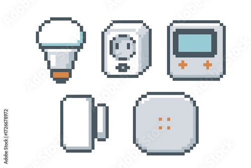 Diverse collection of pixel art style icons featuring common household items and modern technology gadgets including a light bulb, power outlet, game console, mug, and smart home button