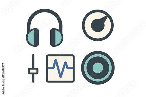 Flat design icons for music and sound engineering featuring headphones, control knob, fader, and audio waveform